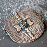 Equinox, moon and astronomy brooch in sterling silver and labradorite