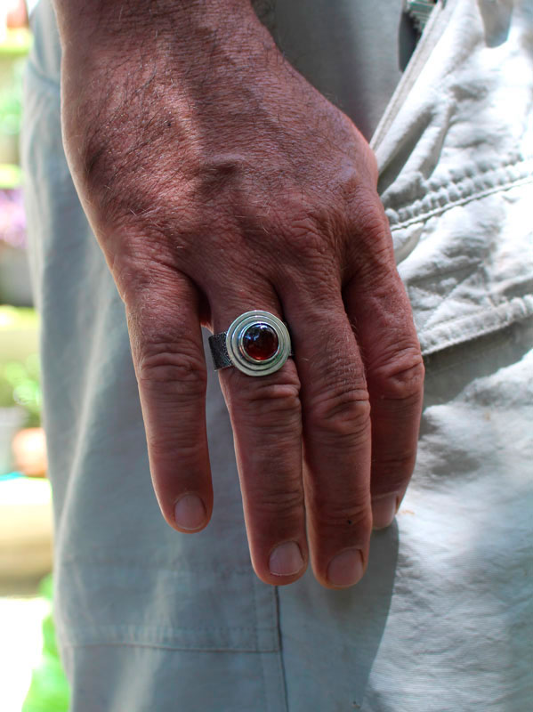 Faith, medieval fleur-de-lis ring in silver and garnet