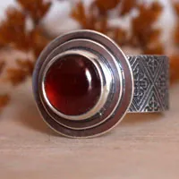Faith, medieval fleur-de-lis ring in silver and garnet