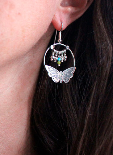 Farandole, butterfly earrings in silver, yellow agate, green agate and amazonite