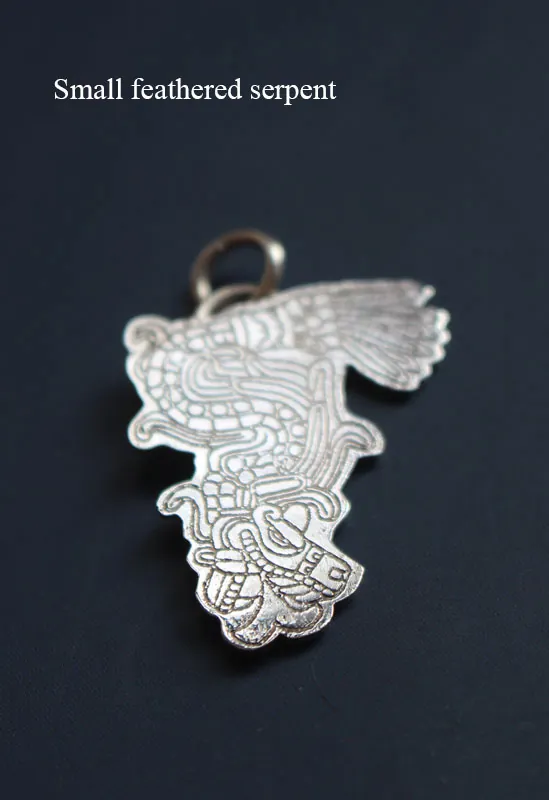 Feathered serpent, Aztec god Quetzalcoatl pendant in sterling silver