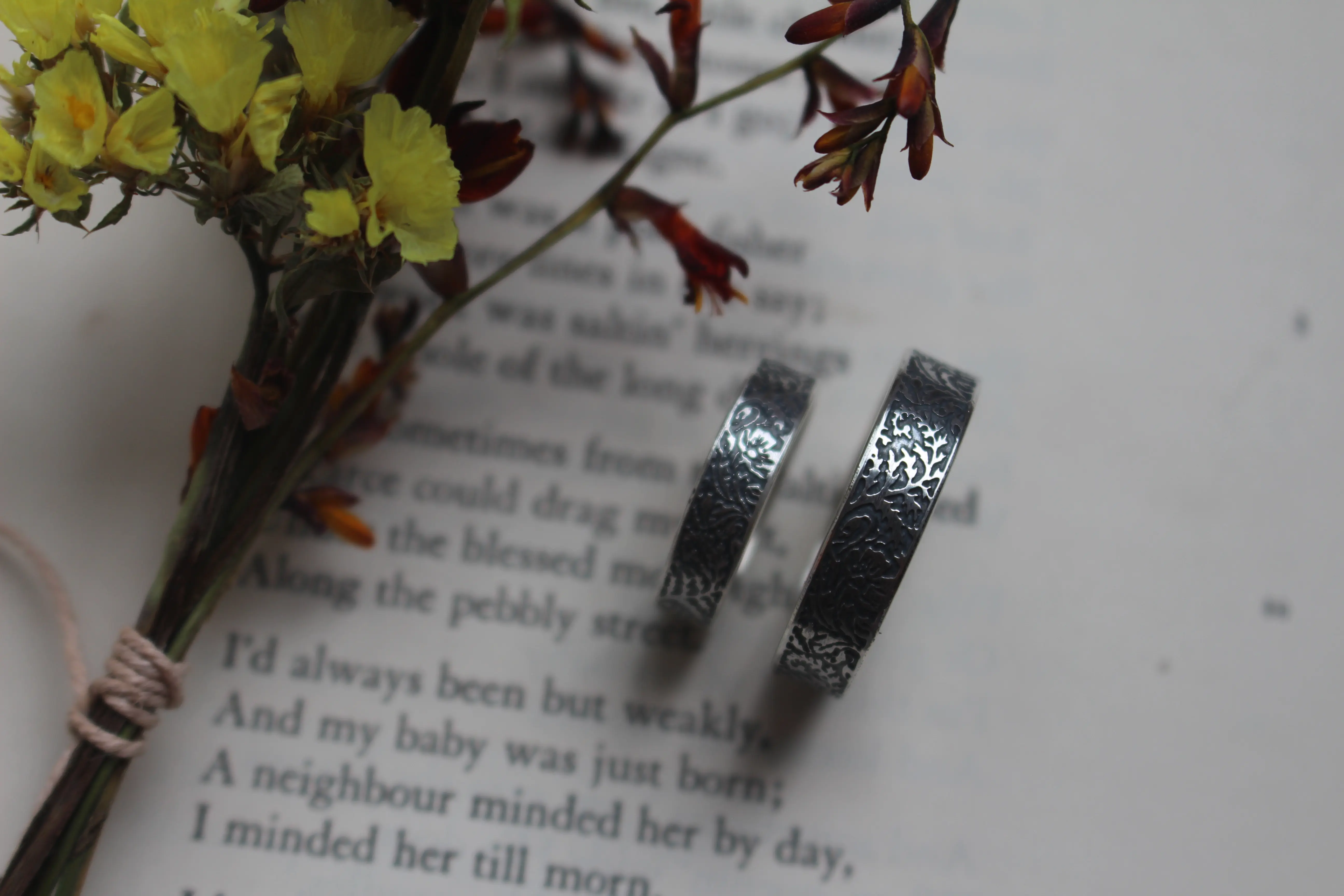 Fern and poppy wedding bands, botanical encounter ring in silver