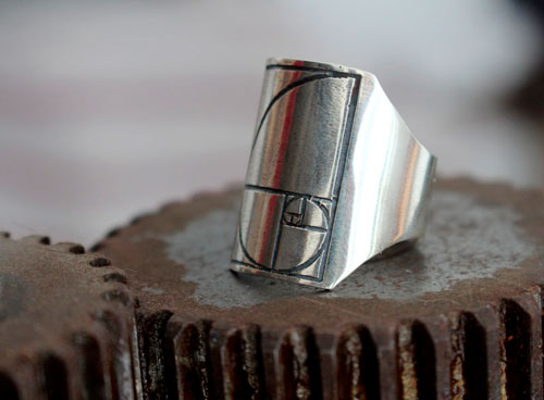 Fibonacci, the mathematical sequence signet ring in silver