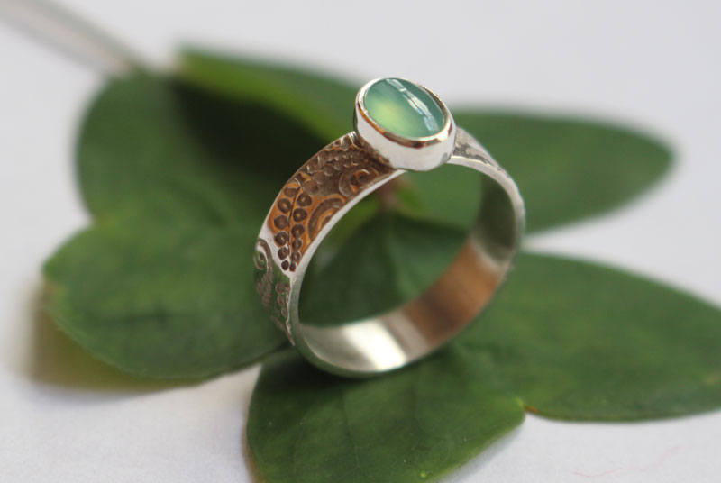 Filicophyta, fern ring in sterling silver and chrysoprase