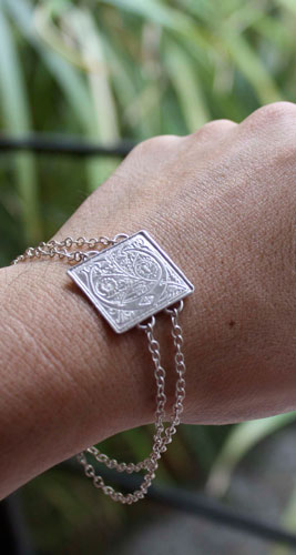 Finial, medieval illuminated initial bracelet in sterling silver