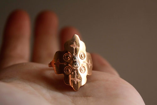 Fire rose, medieval rosette ring in silver and copper