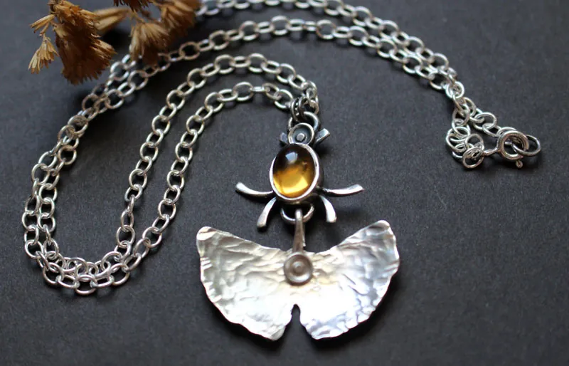 Firefly, ginkgo leaf necklace in silver and citrine
