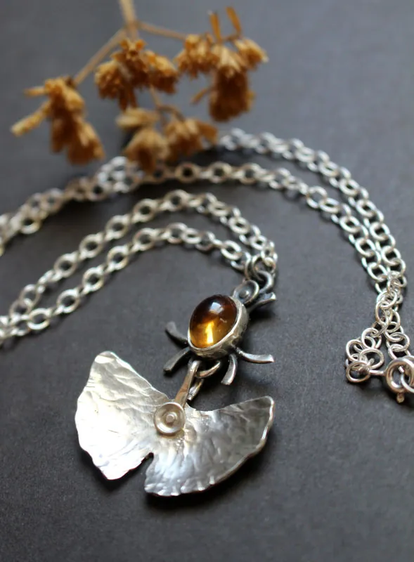 Firefly, ginkgo leaf necklace in silver and citrine