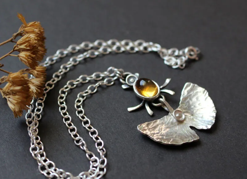 Firefly, ginkgo leaf necklace in silver and citrine