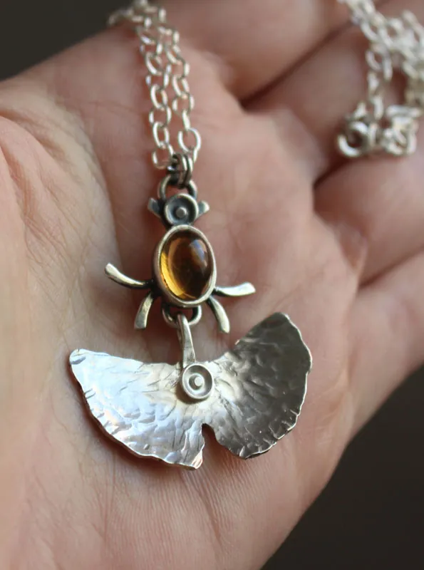 Firefly, ginkgo leaf necklace in silver and citrine