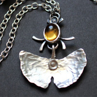 Firefly, ginkgo leaf necklace in silver and citrine