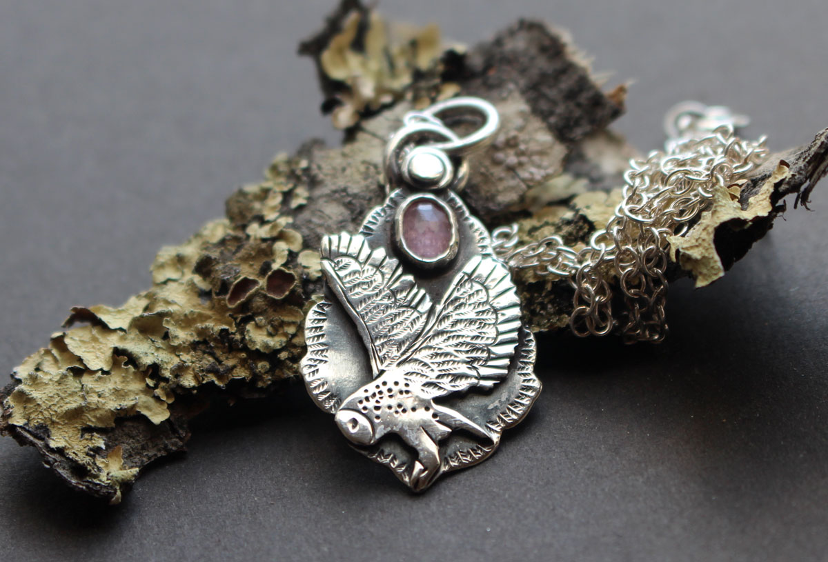 Flight, owl necklace in silver and pink sapphire