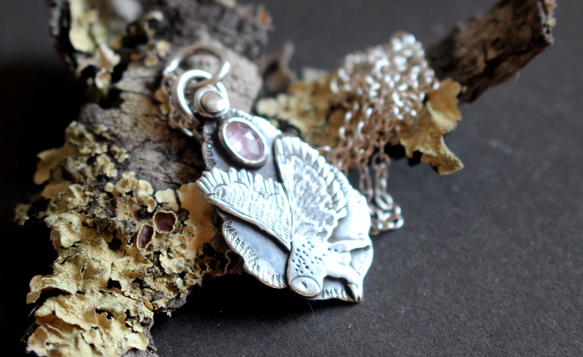 Flight, owl necklace in silver and pink sapphire