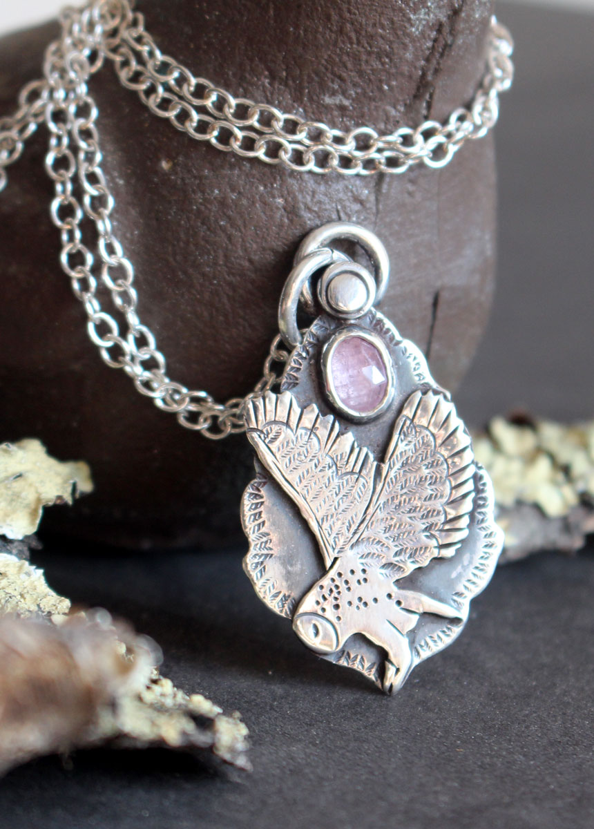 Flight, owl necklace in silver and pink sapphire