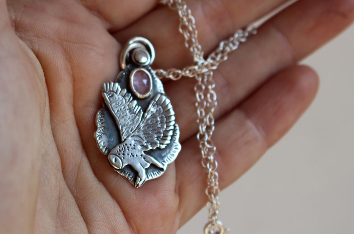 Flight, owl necklace in silver and pink sapphire