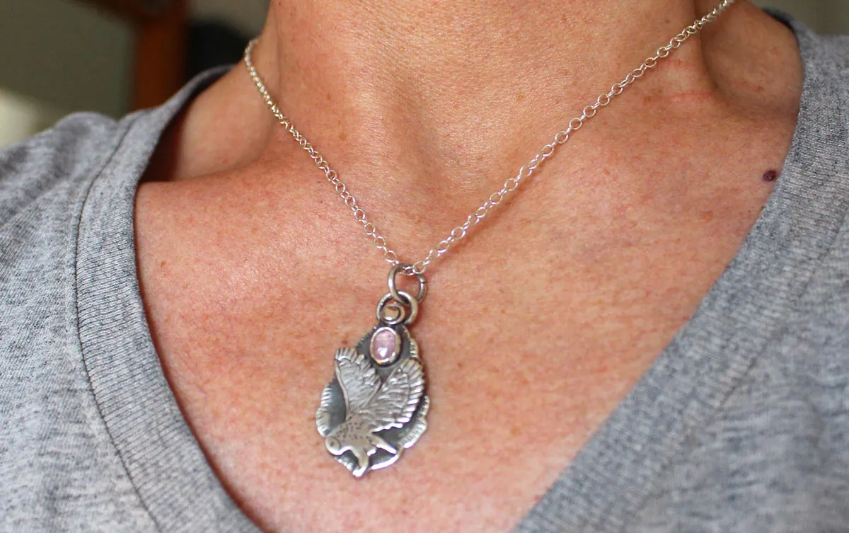 Flight, owl necklace in silver and pink sapphire