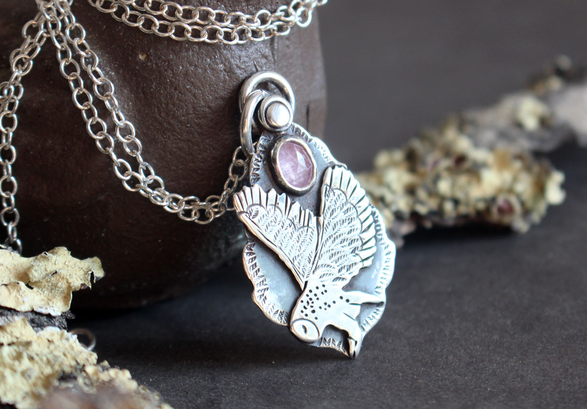 Flight, owl necklace in silver and pink sapphire