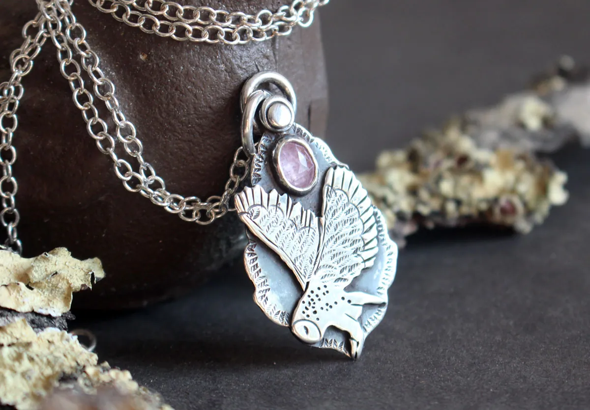 Flight, owl necklace in silver and pink sapphire
