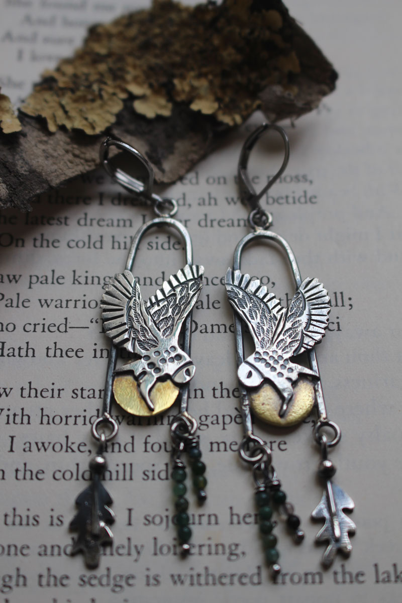 Flight at twilight, Celtic owl earrings in silver, brass and moss agate