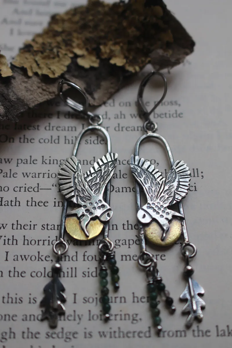 Flight at twilight, Celtic owl earrings in silver, brass and moss agate