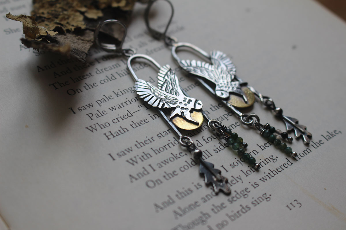 Flight at twilight, Celtic owl earrings in silver, brass and moss agate