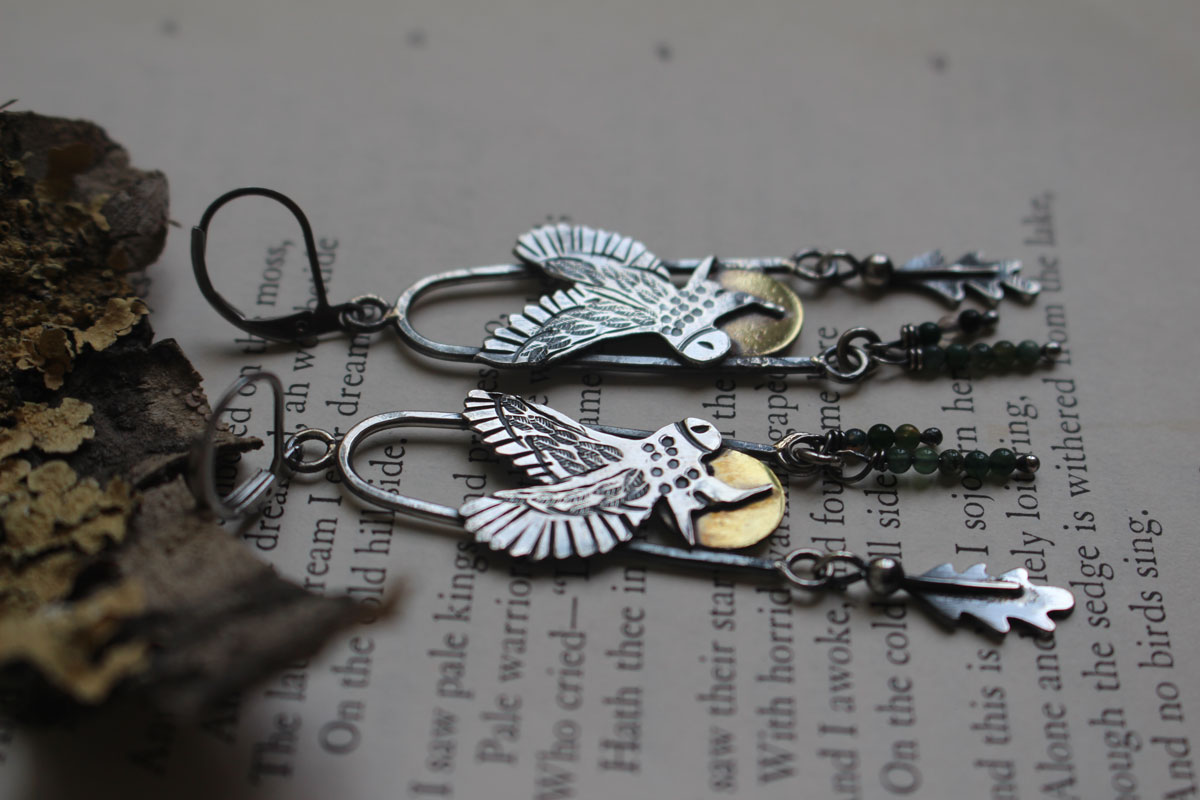 Flight at twilight, Celtic owl earrings in silver, brass and moss agate