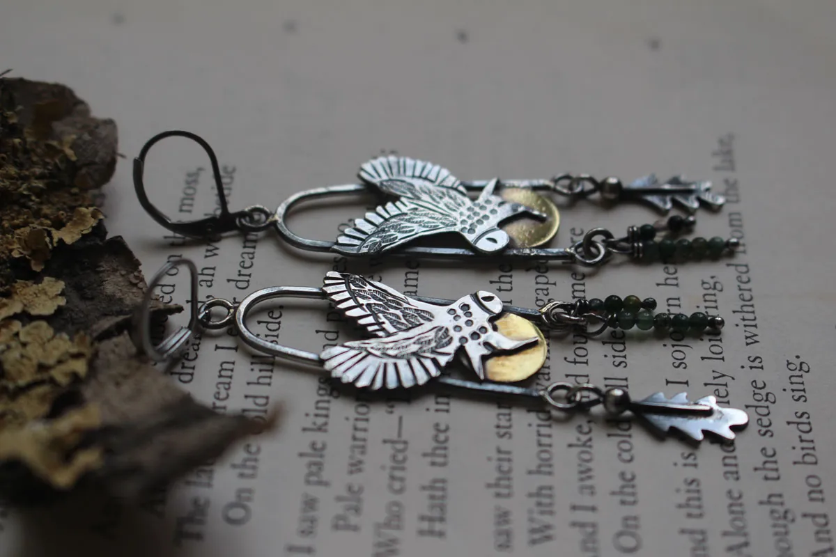 Flight at twilight, Celtic owl earrings in silver, brass and moss agate