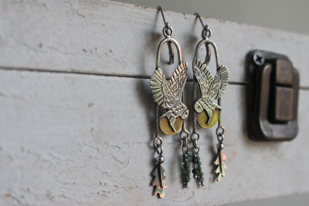Flight at twilight, Celtic owl earrings in silver, brass and moss agate