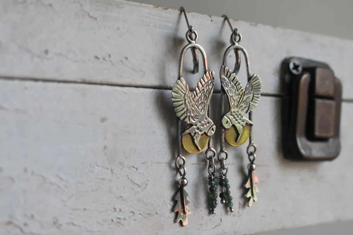 Flight at twilight, Celtic owl earrings in silver, brass and moss agate