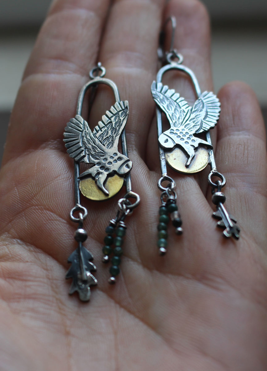Flight at twilight, Celtic owl earrings in silver, brass and moss agate