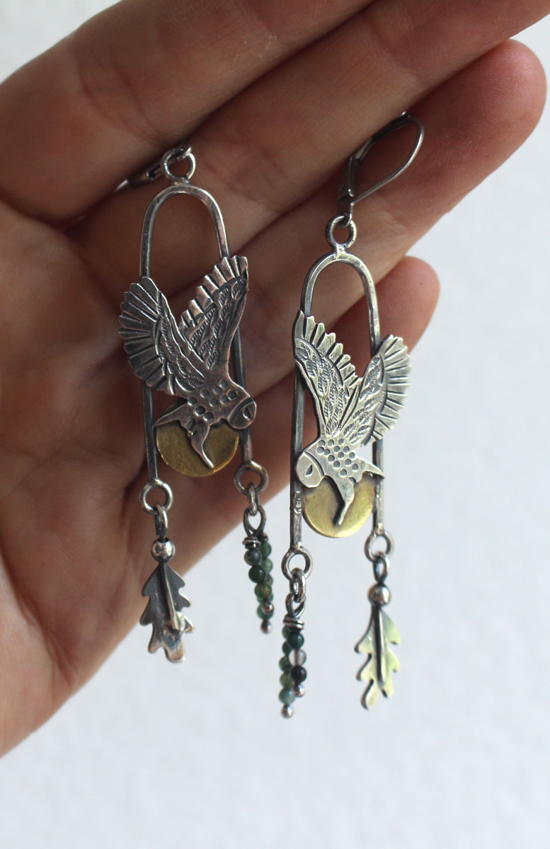 Flight at twilight, Celtic owl earrings in silver, brass and moss agate