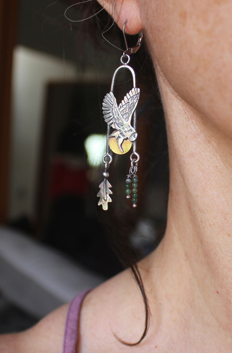 Flight at twilight, Celtic owl earrings in silver, brass and moss agate