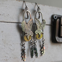 Flight at twilight, Celtic owl earrings in silver, brass and moss agate