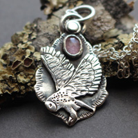 Flight, owl necklace in silver and pink sapphire