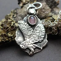 Flight, owl necklace in silver and pink sapphire