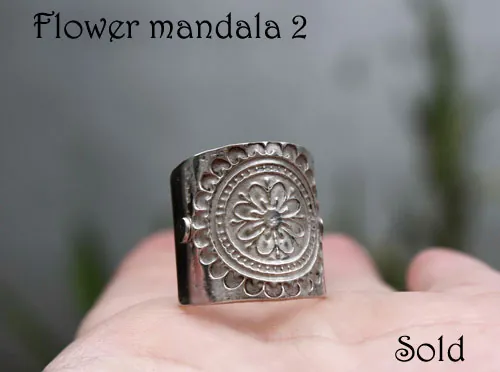 Flower mandala, meditation ring in sterling silver