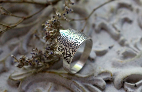 Flower of the soul, floral mandala ring in sterling silver