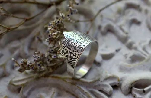 Flower of the soul, floral mandala ring in sterling silver
