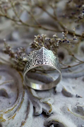 Flower of the soul, floral mandala ring in sterling silver
