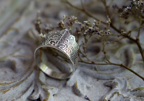 Flower of the soul, floral mandala ring in sterling silver