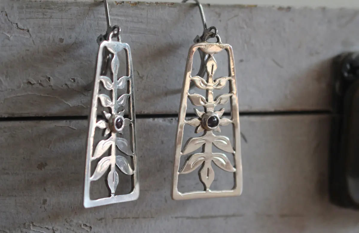 Flowering, spring floral shrub earrings in silver and alexandrite