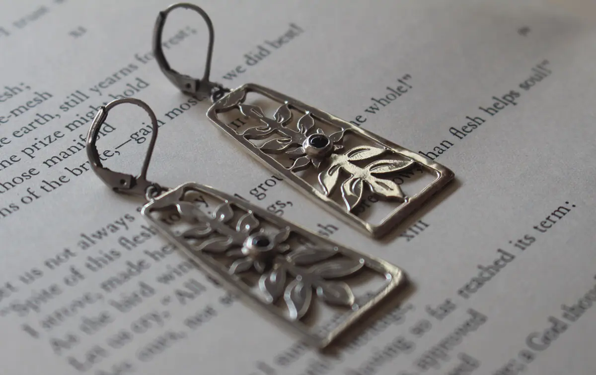 Flowering, spring floral shrub earrings in silver and alexandrite