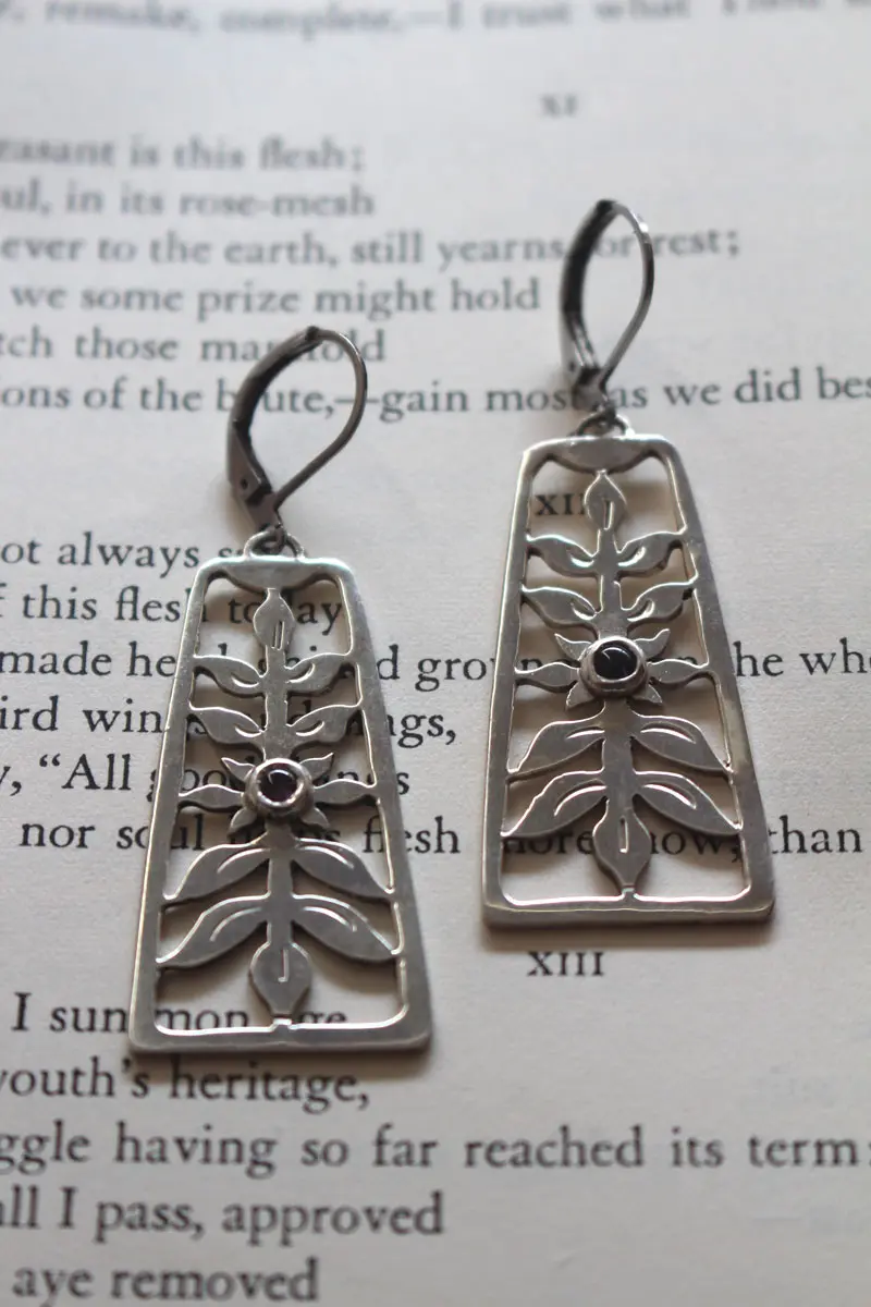Flowering, spring floral shrub earrings in silver and alexandrite