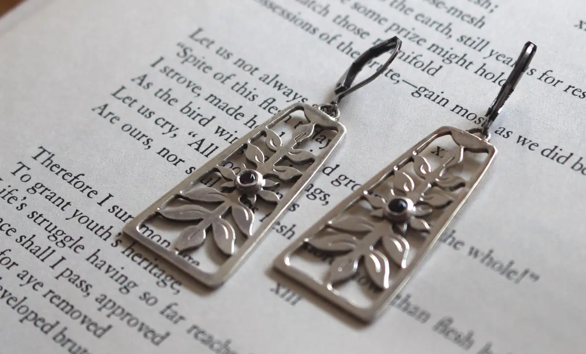 Flowering, spring floral shrub earrings in silver and alexandrite