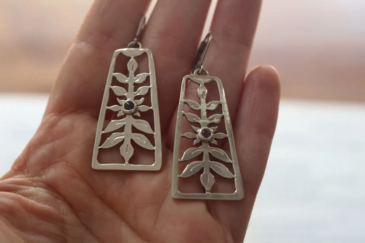 Flowering, spring floral shrub earrings in silver and alexandrite