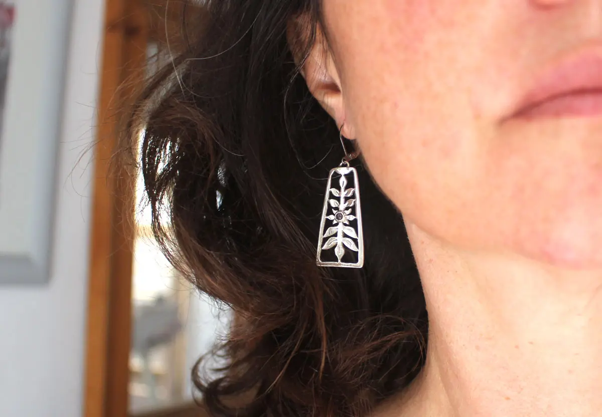 Flowering, spring floral shrub earrings in silver and alexandrite