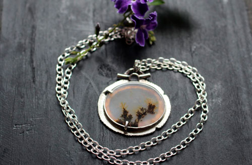 Flowers in winter, frozen landscape necklace in silver and dendritic agate