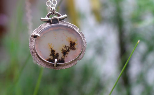 Flowers in winter, frozen landscape necklace in silver and dendritic agate