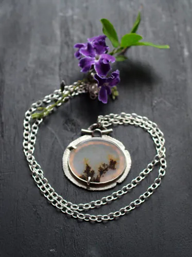 Flowers in winter, frozen landscape necklace in silver and dendritic agate