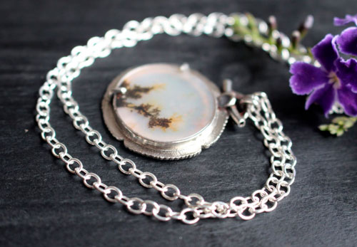 Flowers in winter, frozen landscape necklace in silver and dendritic agate